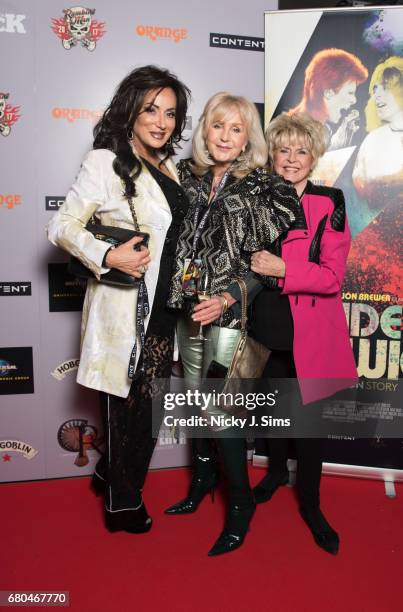 Nancy Dell'Olio, Liz Brewer and Gloria Hunniford attend the UK Premiere of Jon Brewer's 'BESIDE BOWIE: The Mick Ronson Story' at The Mayfair Hotel on...