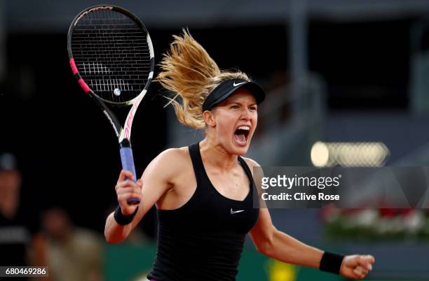 Eugenie Bouchard of Canada celebrates match point in her match against Maria Sharapova of Russia on day three of the Mutua Madrid Open tennis at La...