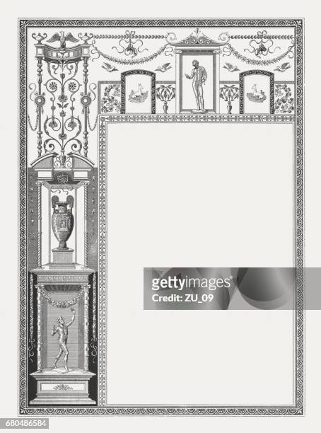 bildbanksillustrationer, clip art samt tecknat material och ikoner med dekorativ ram med pompeian motiv, träsnideri, publicerad 1884 - amfora
