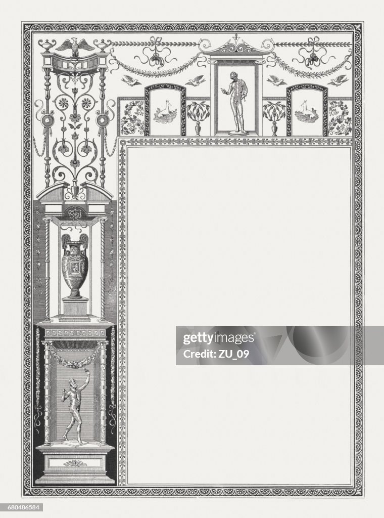 Decorative frame with Pompeian motifs, wood engraving, published in 1884