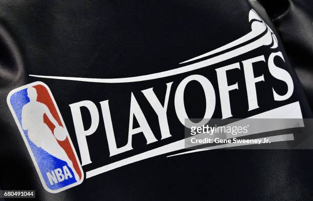 The NBA Playoff logo seat covering, on the Utah Jazz team's chairs, before their game against the Golden State Warriors in Game Four of the Western...