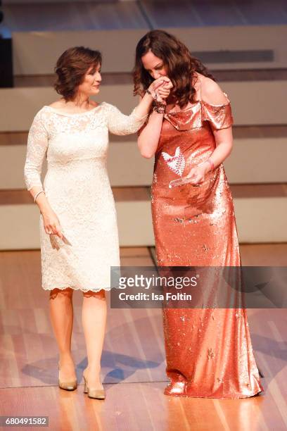 German presenter Sandra Maischberger and german actress and award winner Natalia Woerner during the Victress Awards Gala on May 8, 2017 in Berlin,...