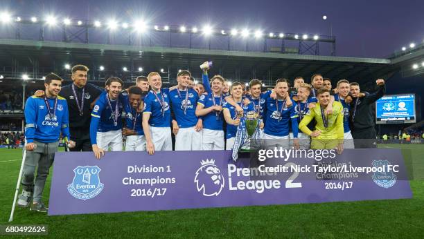 The Everton U23 players celebrate their Premier League 2 title win after the Everton v Liverpool Premier League 2 game at Goodison Park on May 8,...