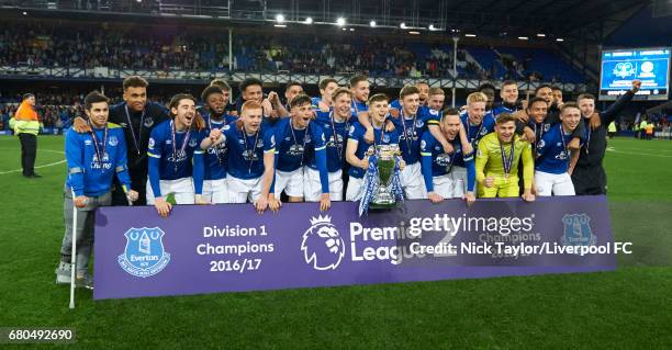 The Everton U23 players celebrate their Premier League 2 title win after the Everton v Liverpool Premier League 2 game at Goodison Park on May 8,...