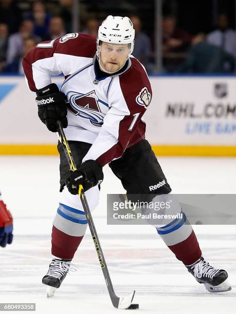 John Mitchell of the Colorado Avalanche plays in the game against the New York Rangers at Madison Square Garden on November 13, 2014 in New York, New...