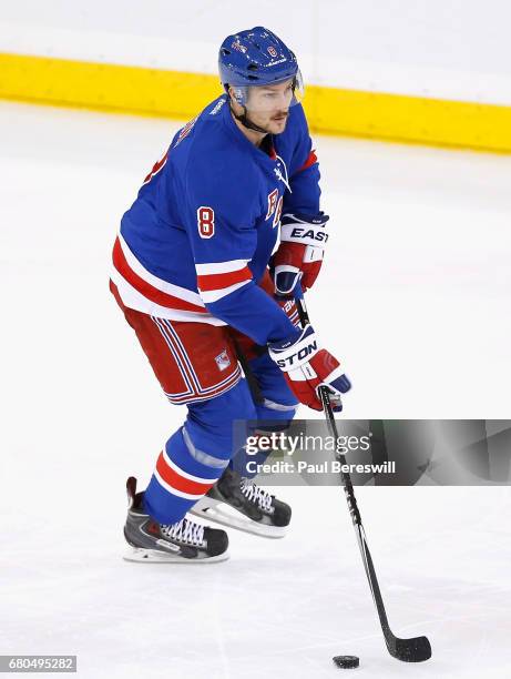 Kevin Klein of the New York Rangers plays in the game against the Colorado Avalanche at Madison Square Garden on November 13, 2014 in New York, New...
