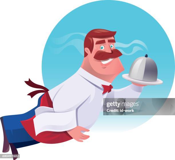 waiter with domed tray - restaurant-waiter-uniform stock illustrations