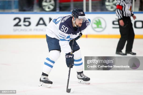 Juhamatti Aaltonen of Finland looks on during the 2017 IIHF Ice Hockey World Championship game between Finland and France at AccorHotels Arena on May...