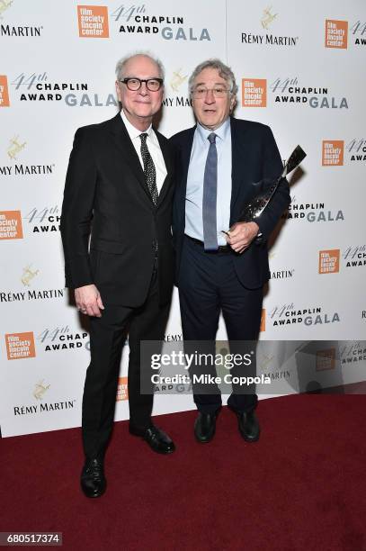 Filmmaker Barry Levinson and Robert De Niro backstage during the 44th Chaplin Award Gala at David H. Koch Theater at Lincoln Center on May 8, 2017 in...