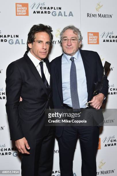 Ben Stiller and Robert De Niro backstage during the 44th Chaplin Award Gala at David H. Koch Theater at Lincoln Center on May 8, 2017 in New York...