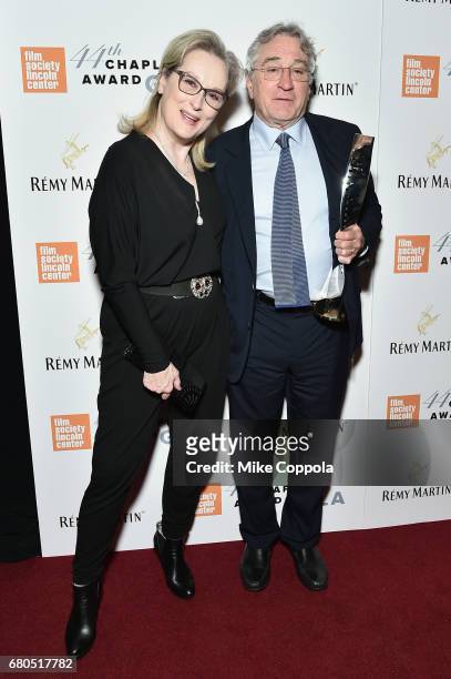 Actress Meryl Streep and Honoree Robert De Niro backstage during the 44th Chaplin Award Gala at David H. Koch Theater at Lincoln Center on May 8,...