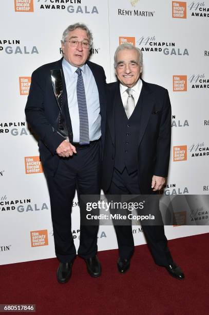 Honoree Robert De Niro and Martin Scorsese backstage during the 44th Chaplin Award Gala at David H. Koch Theater at Lincoln Center on May 8, 2017 in...