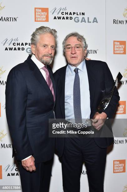Michael Douglas and Robert De Niro backstage during the 44th Chaplin Award Gala at David H. Koch Theater at Lincoln Center on May 8, 2017 in New York...