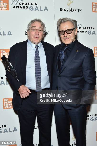 Honoree Robert De Niro and Harvey Keitel backstage during the 44th Chaplin Award Gala at David H. Koch Theater at Lincoln Center on May 8, 2017 in...