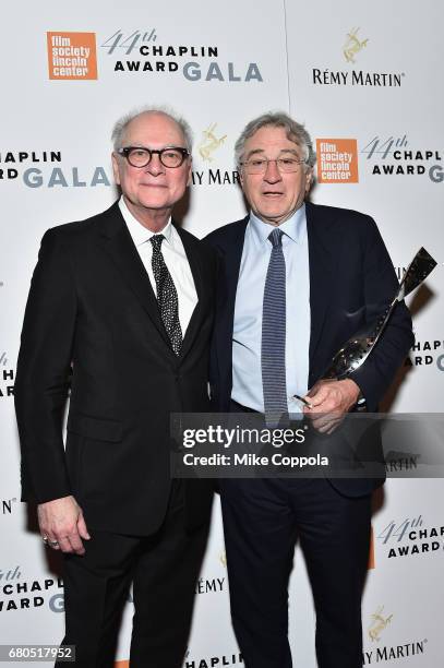 Filmmaker Barry Levinson and Honoree Robert De Niro backstage during the 44th Chaplin Award Gala at David H. Koch Theater at Lincoln Center on May 8,...