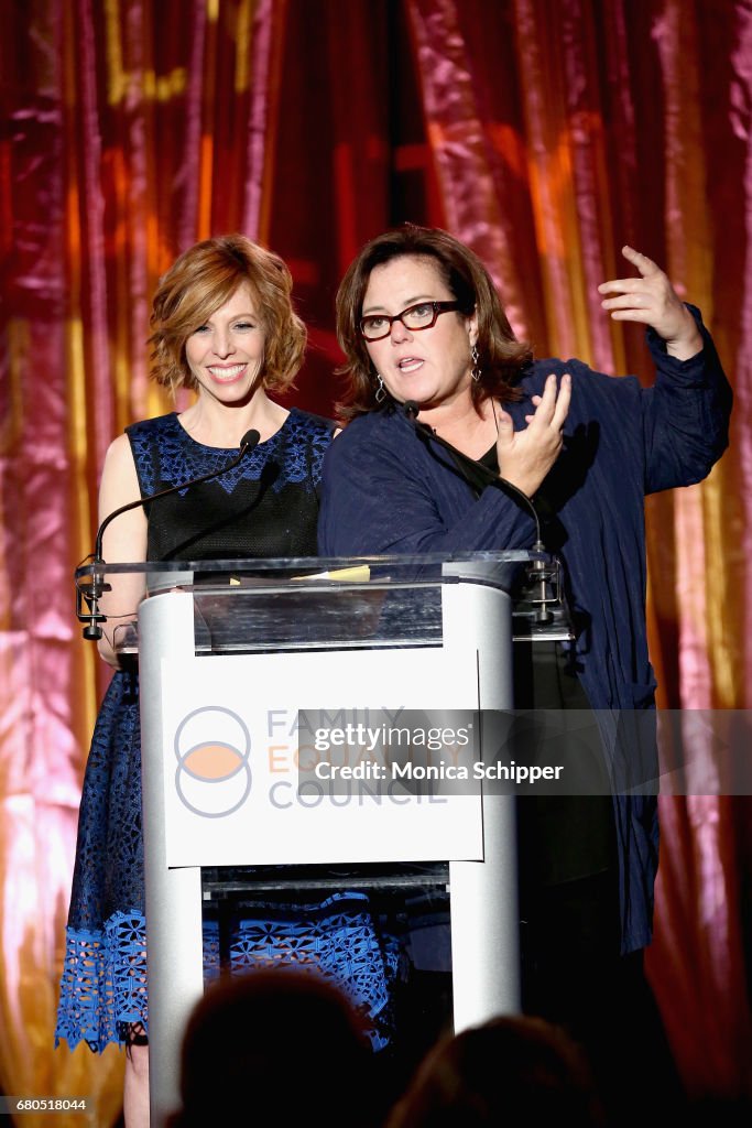 Maddie Corman and Rosie O'Donnell speak on stage at Family Equality
