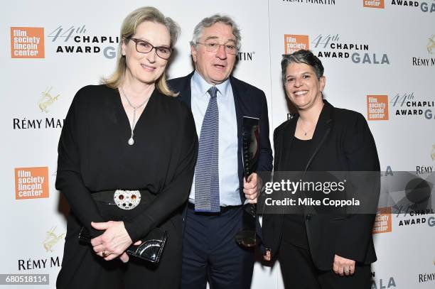 Actress Meryl Streep, Honoree Robert De Niro and FSLC Executive Director Lesli Klainberg backstage during the 44th Chaplin Award Gala at David H....