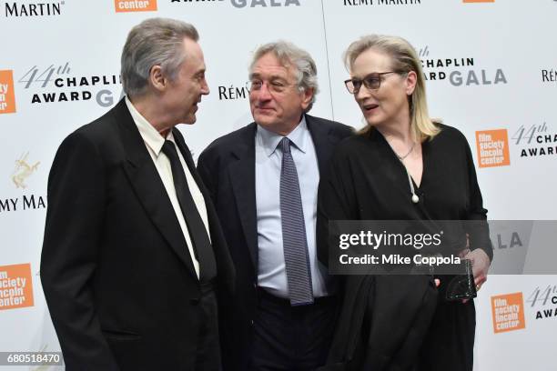 Christopher Walken, Robert De Niro and Meryl Streep backstage during the 44th Chaplin Award Gala at David H. Koch Theater at Lincoln Center on May 8,...
