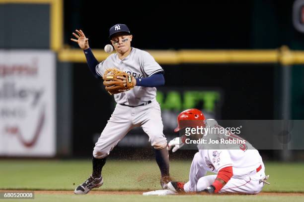 Ronald Torreyes of the New York Yankees loses the ball while trying to turn a double play against Arismendy Alcantara of the Cincinnati Reds in the...