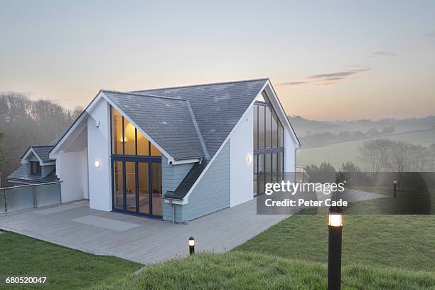 self build country home, morning mist - european house stock pictures, royalty-free photos & images