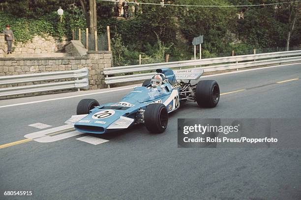 New Zealand racing driver Chris Amon drives the Equipe Matra Sports Matra MS120B V12 to finish in 3rd place in the Spanish Grand Prix at the Montjuïc...