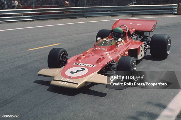 Swedish racing driver Reine Wisell drives the Gold Leaf Team Lotus 72 Ford Cosworth V8 in the Spanish Grand Prix at the Montjuïc Park circuit in...