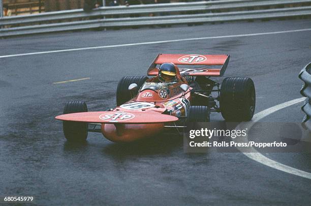 Swedish racing driver Ronnie Peterson drives the STP March Racing Team March 711 Ford Cosworth V8 in the Spanish Grand Prix at the Montjuïc Park...