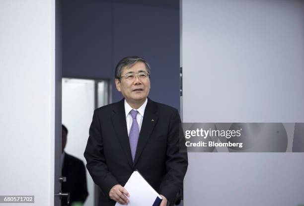 Shunichi Miyanaga, president and chief executive officer of Mitsubishi Heavy Industries Ltd., arrives for a news conference in Tokyo, Japan, on...