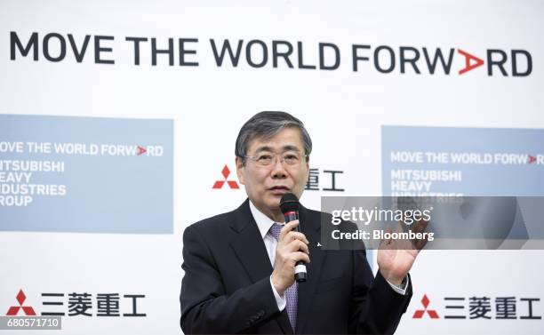 Shunichi Miyanaga, president and chief executive officer of Mitsubishi Heavy Industries Ltd., speaks during a news conference in Tokyo, Japan, on...