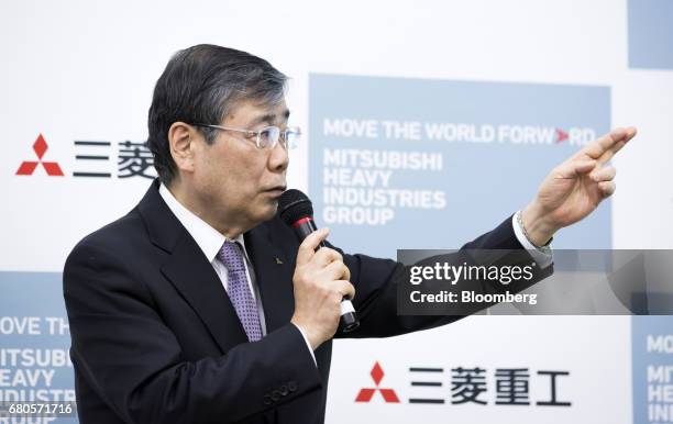 Shunichi Miyanaga, president and chief executive officer of Mitsubishi Heavy Industries Ltd., speaks during a news conference in Tokyo, Japan, on...
