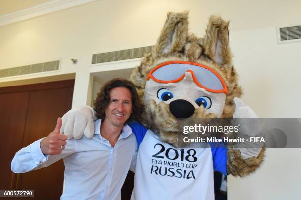 Legend Alexey Smertin poses for a photo with Zabivaka, the Official Mascot for the 2018 FIFA World Cup Russia, in the Diplomat Radisson BLU hotel,...