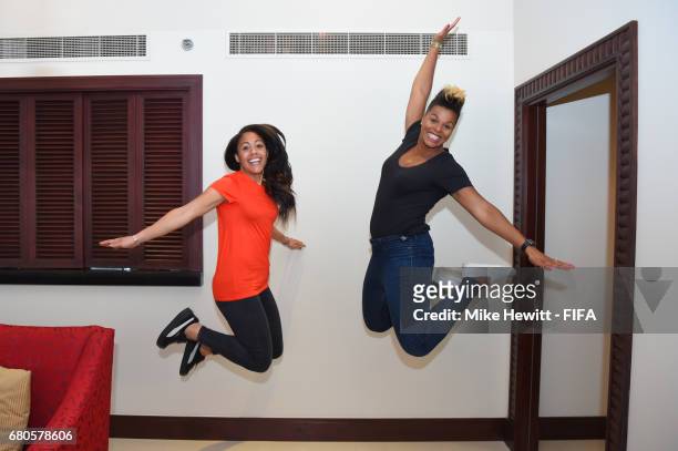 Legends Alex Scott of England and Karina LeBlanc of Canada jump for joy in the Diplomat Radisson BLU hotel, ahead of the 67th FIFA Congress, on May...