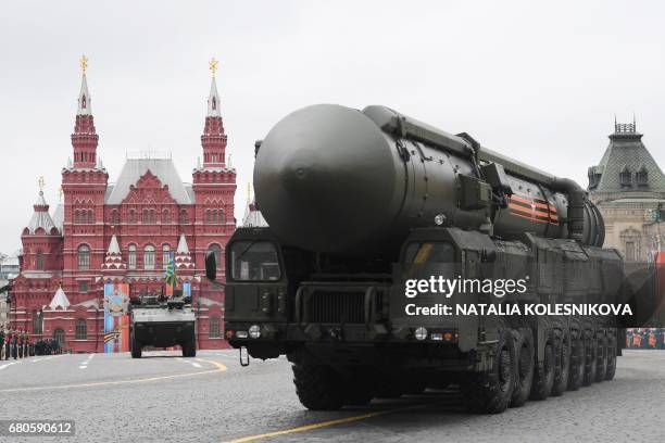 Russian Yars RS-24 intercontinental ballistic missile system rides through Red Square during the Victory Day military parade in Moscow on May 9,...