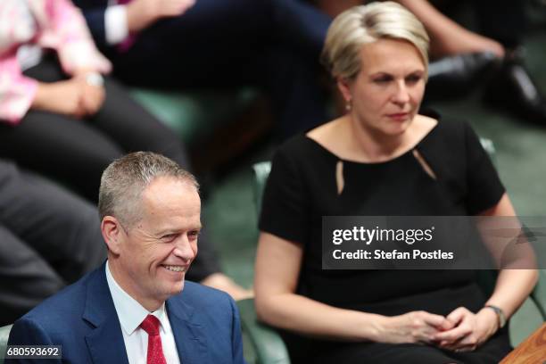 Opposition Leader Bill Shorten and Opposition Deputy Leader Tanya Plibersek listen to Treasurer Scott Morrison deliver the budget in the House of...