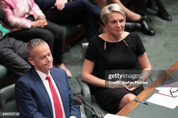 Opposition Leader Bill Shorten and Opposition Deputy Leader Tanya Plibersek listen to Treasurer Scott Morrison deliver the budget in the House of...