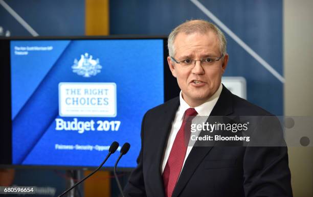 Scott Morrison, Australia's treasurer, speaks at a news conference inside the budget lock-up at Parliament House in Canberra, Australia, on Tuesday,...