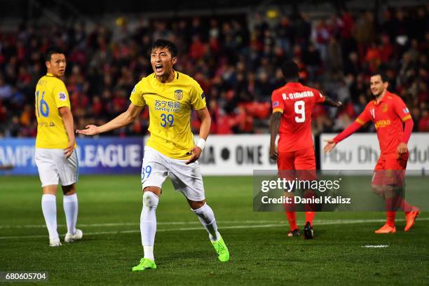 Yang Boyu of Jiangsu FC reacts during the AFC Champions League match between Adelaide United and Jiangsu Sainty at Hindmarsh Stadium on May 9, 2017...