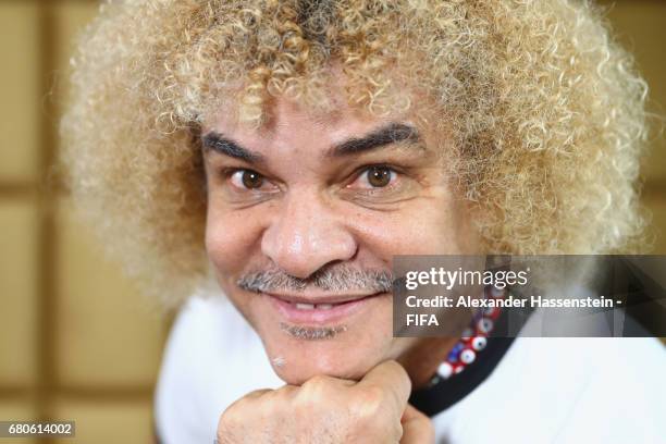 Legend Carlos Valderrama of Columbia poses after a interview at The Diplomat Radisson BLU Hotel on May 9, 2017 in Manama, Bahrain.