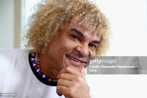 Legend Carlos Valderrama of Columbia poses after a interview at The Diplomat Radisson BLU Hotel on May 9, 2017 in Manama, Bahrain.