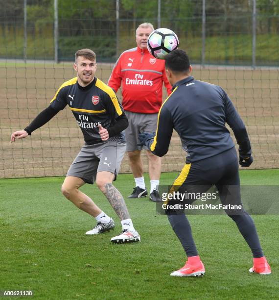 Aaron Ramsey and Alexis Sanchez of Arsenal during a training session at London Colney on May 9, 2017 in St Albans, England.