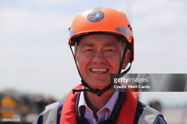 Leader of the Liberal Democrats Tim Farron campaigns at a volunteer-run Rescue Boat Service on May 9, 2017 at Burnham-on-Sea, England. Campaigning is...