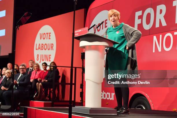 Julie Hesmondhalgh from television's Coronation Street introduces Labour Party leader Jeremy Corbyn during the Labour Party general election campaign...