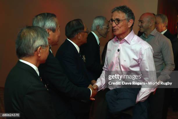 Guy Noves head coach of the French national rugby team is welcomed during the pre Rugby World Cup Japan 2019 reception held at the Hyatt Regency...