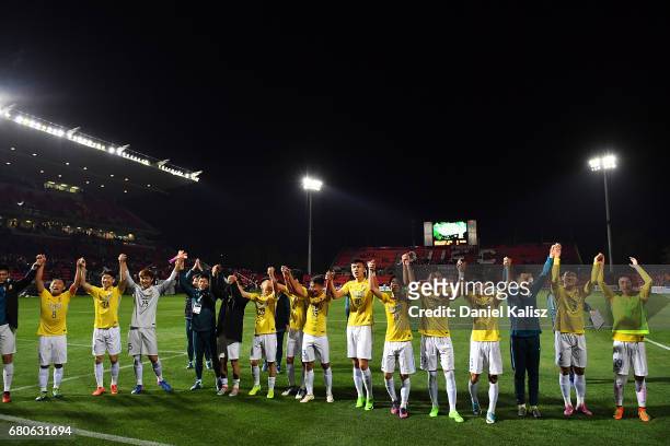 Jiangsu FC players celebrate after the AFC Champions League match between Adelaide United and Jiangsu Sainty at Hindmarsh Stadium on May 9, 2017 in...