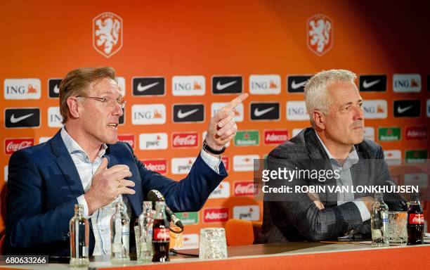 Technical director of the Royal Dutch Football Federation Hans van Breukelen and commercial director Jean Paul Decossaux give a press conference on...