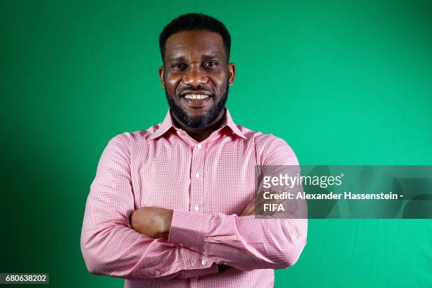 Legend Jay-Jay Okocha of Nigeria poses after a interview at The Diplomat Radisson BLU Hotel on May 9, 2017 in Manama, Bahrain.