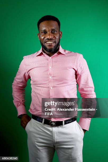 Legend Jay-Jay Okocha of Nigeria poses after a interview at The Diplomat Radisson BLU Hotel on May 9, 2017 in Manama, Bahrain.