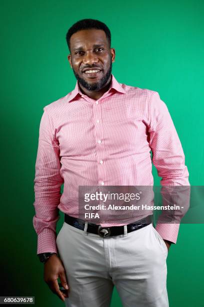 Legend Jay-Jay Okocha of Nigeria poses after a interview at The Diplomat Radisson BLU Hotel on May 9, 2017 in Manama, Bahrain.