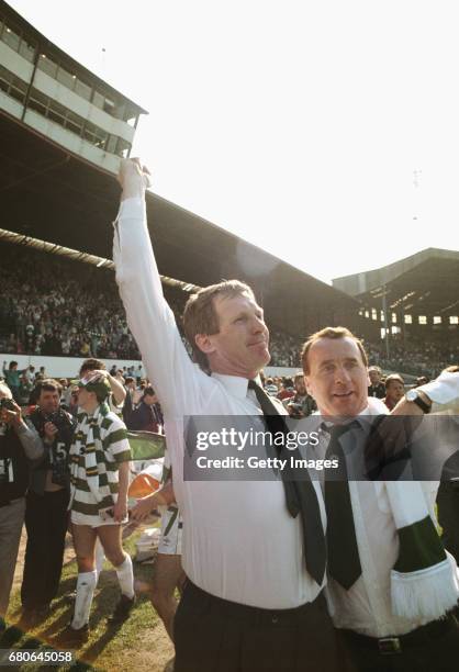 Glasgow Celtic manager Billy McNeill and assistant Tommy Craig celebrate after the 1988 Scottish Cup Final victory against Dundee United at Hampden...