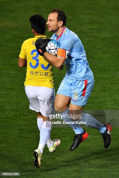 United goalkeeper Eugene Galekovic makes a save on goal during the AFC Champions League match between Adelaide United and Jiangsu Sainty at Hindmarsh...